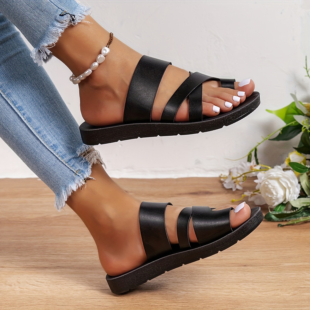womens solid color slide sandals casual loop toe flat summer shoes lightweight beach shoes details 6